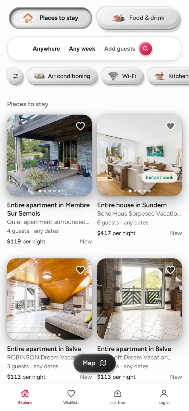 Résultats de recherche dans l'application BookNoFees : hébergements avec photos et tarifs