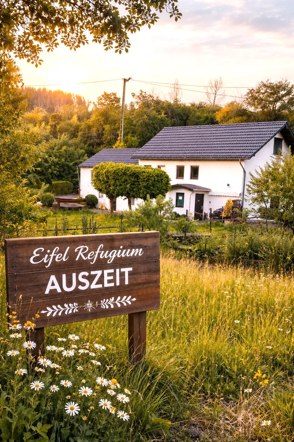 BookNoFees: Ferienwohnung in Halenbach, Rheinland-Pfalz, Deutschland – Garten mit Holzschild und weißem Haus mit dunklem Dach