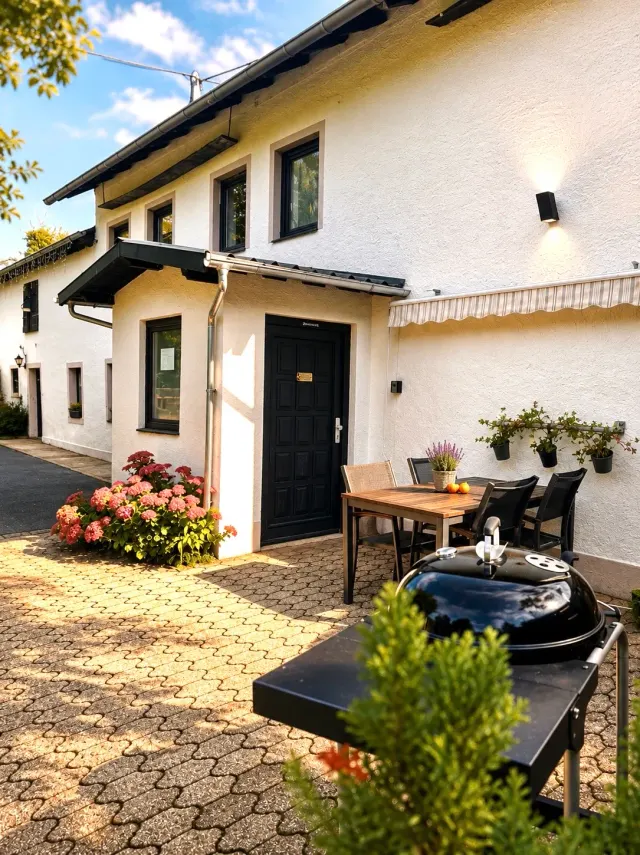 BookNoFees: Ferienwohnung in Halenbach, Rheinland-Pfalz, Deutschland – Terrasse mit Esstisch, Grill und Topfpflanzen an einer weißen Hauswand