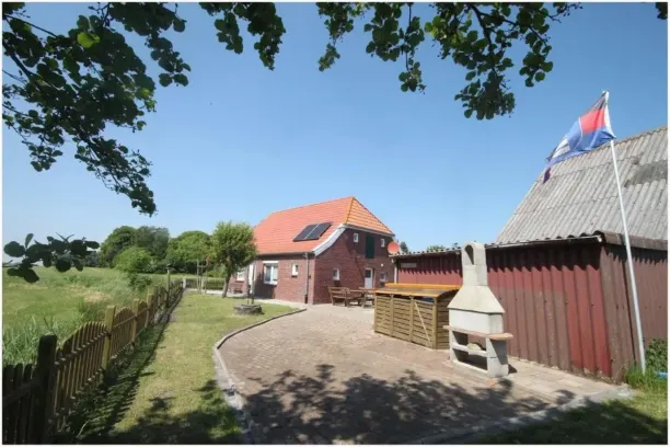 BookNoFees : location de vacances à Dornum – Cour avec une maison en briques, un abri en bois, une cheminée extérieure et un mât