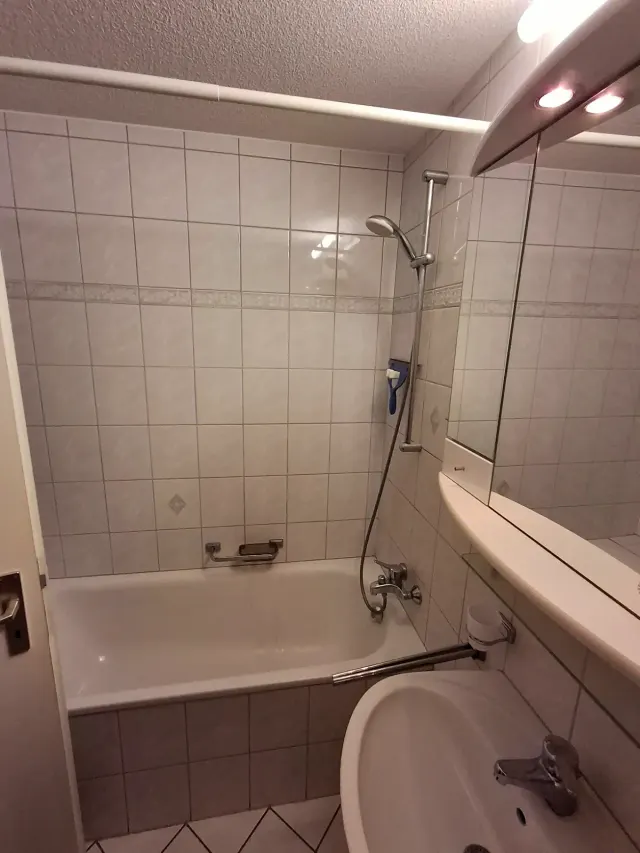 BookNoFees : location de vacances à Gailingen, Bade-Wurtemberg, Allemagne – Salle de bains avec baignoire, douche, lavabo, miroir et murs carrelés