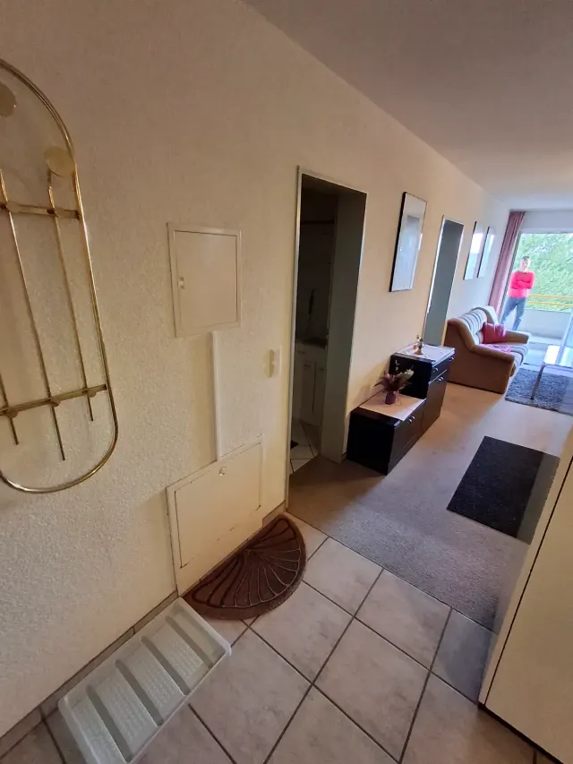 BookNoFees : location de vacances à Gailingen, Bade-Wurtemberg, Allemagne – Couloir avec sol carrelé, miroir et vue sur le salon et son balcon